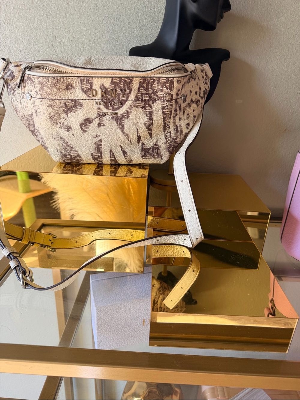 DKNY Beige Logo-Print Crossbody Belt Bag with White Strap